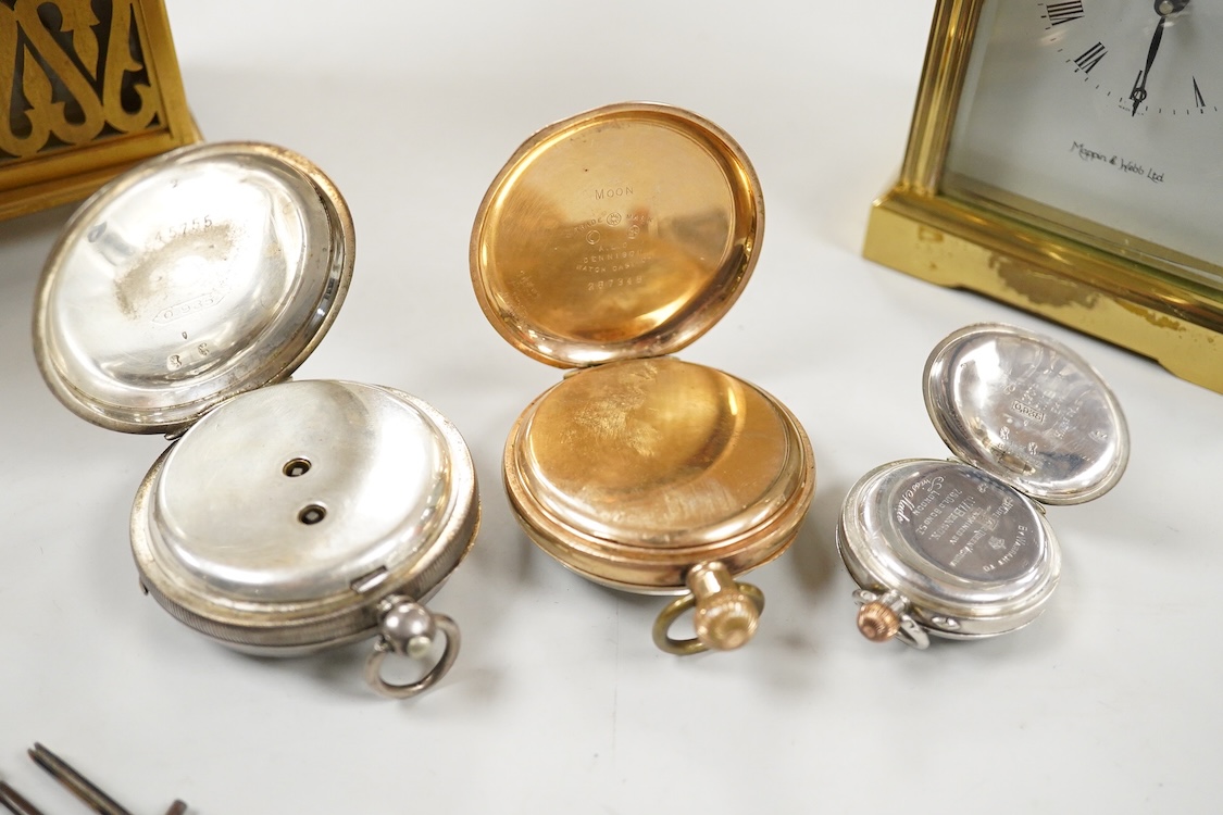 Two carriage clocks including a Jaeger LeCoultre(a.f), a 935 white metal fob watch, a gold plated open faced pocket watch, a 935 white metal 'The Westfield Lever' open faced pocket watch and a small quantity of watch key